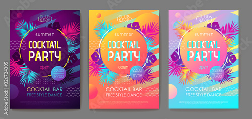 Set of colorful summer tropical gradient backgrounds with geometric elements. Summer disco cocktail party poster. Summertime template collection.
