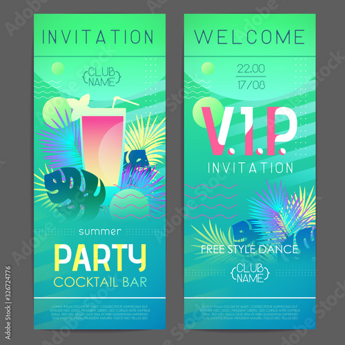 Summer disco cocktail party poster with tropic plants and geometric elements. Summertime template. Invitation design