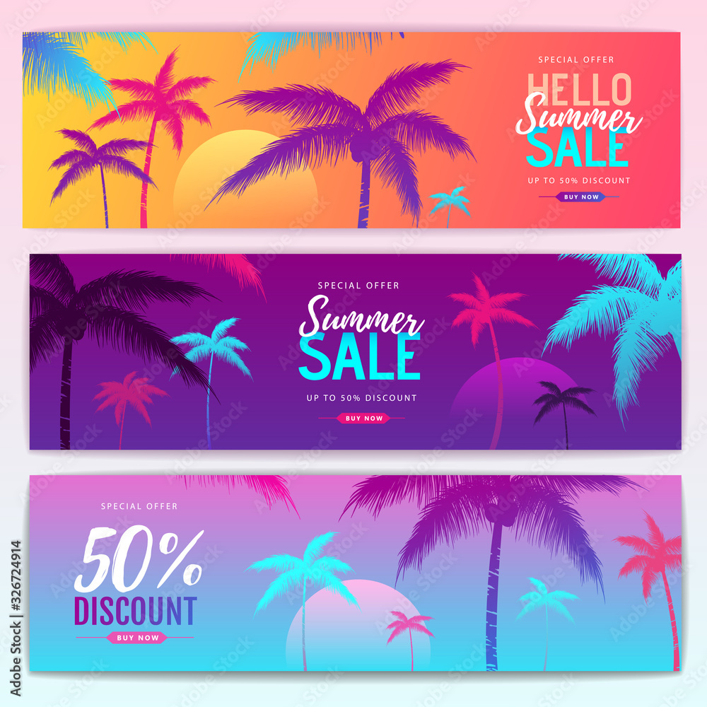 Set of colorful summer big sale tropical gradient banners with fluorescent tropic plants. Summertime template collection.
