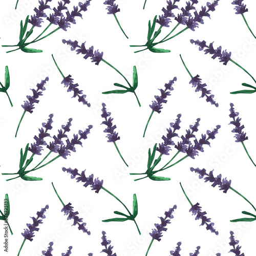 levender branches seamless watercolor pattern. Provence herbs. Green leaf leaves, twig, branch, herb stick. Isolated. Botanical. Floral. Herbal. Flower. Ingredient. photo