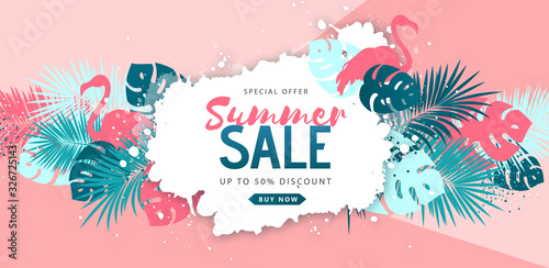 Summer sale poster with tropic leaves and flamingo. Summer background