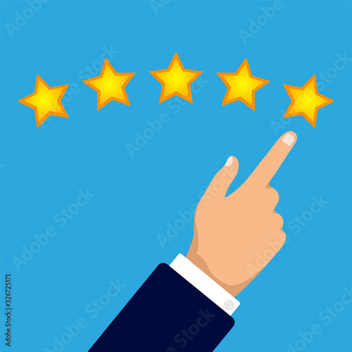 Customer review concept. Hand gives a five stars. Rating golden stars. Feedback, reputation and quality. Flat vector illustration.	