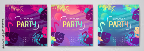 Set of colorful summer tropical gradient backgrounds with fluorescent tropic leaves. Summer disco party poster. Summertime template collection.