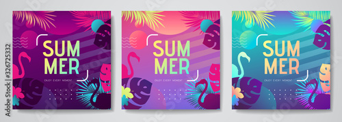 Set of colorful summer tropical gradient backgrounds with fluorescent tropic leaves. Summer disco party poster. Summertime template collection.