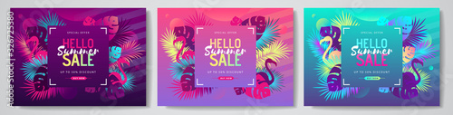 Set of colorful summer big sale tropical gradient banners with fluorescent tropic leaves. Summertime template collection.
