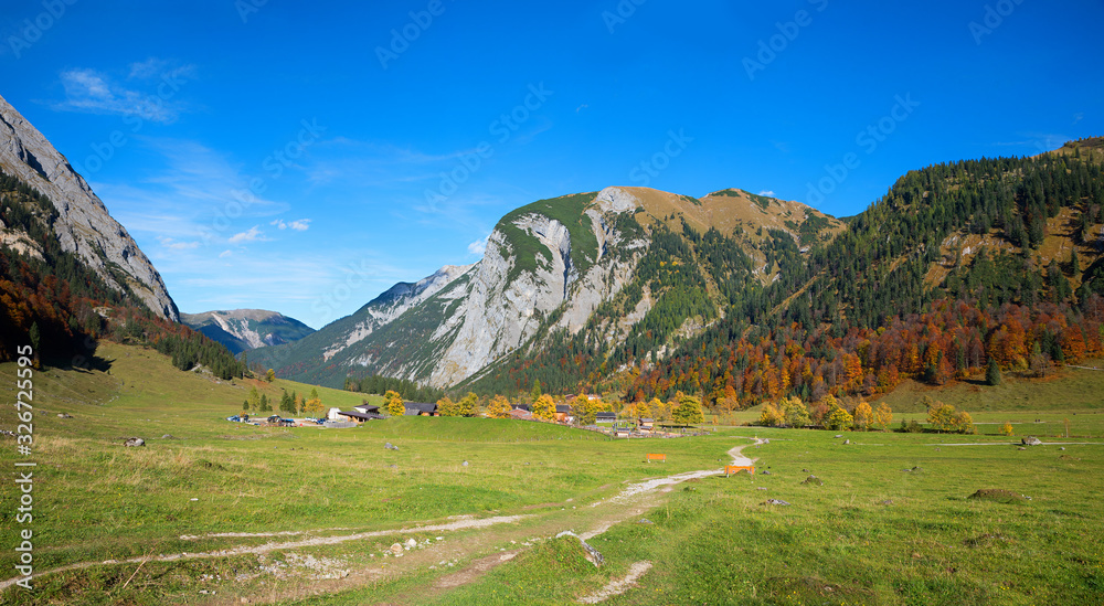 idyllic hiking area around alpine village Eng, karwendel valley, in autumn