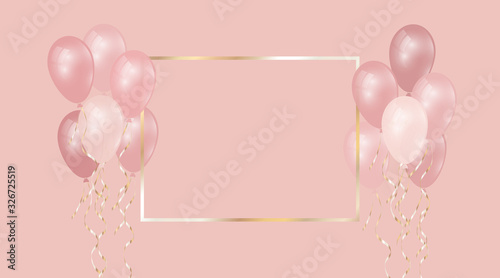 Festive background with beautiful balloons and golden frame. Realistic decorative elements with gold ribbons on pink background. Elements for design. Vector illustration