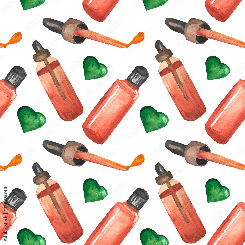 aromatherapy seamless pattern. Colorful pattern with flowers, pills and essential oil on a white background, drawing watercolor. Fabric wallpaper print texture. aromatherapy seamless pattern. Colorful pattern with flowers, pills and essential oil on a white background, drawing watercolor. Fabric wallpaper print texture.