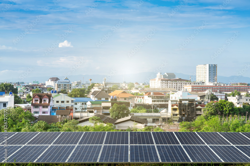 Solar panel with modern Country town city construction and skyscrapers background,clean Alternative power energy concept. Solar panel with modern Country town city construction and skyscrapers background,clean Alternative power energy concept.