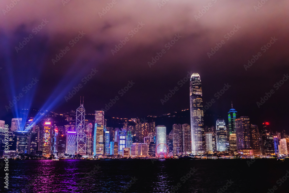 Panorama of Victoria harbor of Hong Kong city, from day to night Cold front in December,Sound and Light Show Period, Symphony of Lights.