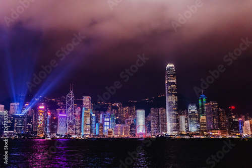 Panorama of Victoria harbor of Hong Kong city, from day to night Cold front in December,Sound and Light Show Period, Symphony of Lights.