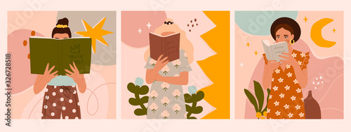 Set of three Girls that are reading Books while standing. Young women. Beautiful dresses with prints. Read more books concept. Hand drawn Vector isolated trendy illustrations with abstract backgrounds