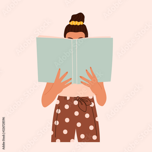 Dark haired girl reading a big Book while standing. Young woman. Beautiful clothes. Read more books concept. Hand drawn Vector trendy illustration. Pastel colors