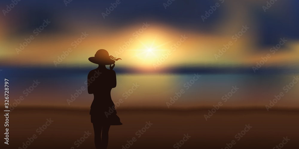 Fototapeta premium pretty girl with summer hat looking at magic sunset on the beach vector illustration EPS10