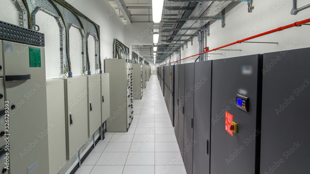 Naklejka premium room with rows of server hardware in data center timelapse