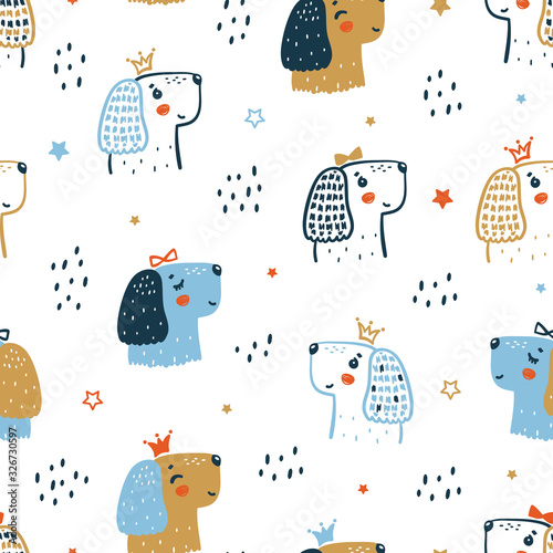 Childish Seamless Vector Pattern with Happy Cute Princess Dog Faces. Doodle Cartoon Funny Puppies Background for Kids. Wallpaper with Pet Animals for Baby Fashion, Nursery Design