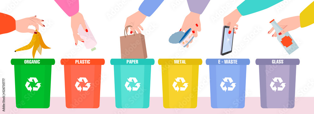 Sorting garbage into containers for plastic, glass, metal, organics, paper and e-waste. People sort the trash. Social issues concept. Save the planet. Reasonable consumption. Vector illustration. Sorting garbage into containers for plastic, glass, metal, organics, paper and e-waste. People sort the trash. Social issues concept. Save the planet. Reasonable consumption. Vector illustration.