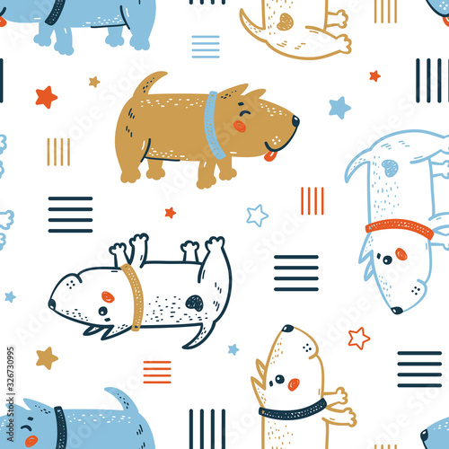 Childish Seamless Vector Pattern with Happy Cute Dogs. Doodle Cartoon Funny Puppies Background for Kids. Abstract Wallpaper with Pet Animals for Baby Fashion