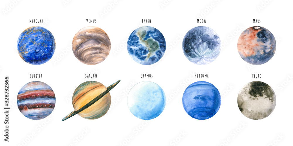 Set of watercolor planets and Moon. Hand drawn illustration is isolated on white. Painted collection is perfect for astrologer blog, interior poster, social media background, science and cosmic design