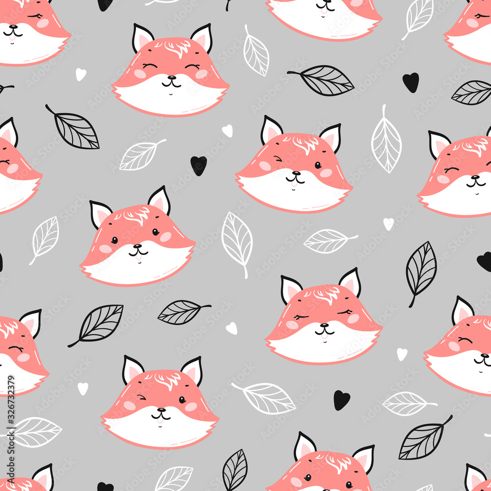 Cute Foxes. Little Fox Face and Leaves Floral Seamless Pattern. Kawaii Animal Heads Vector Childish Background for Kids Fashion Design. Print for Nursery Wallpaper, Baby Shower, Birthday