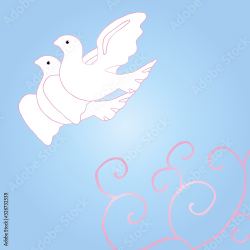 A pair of white pigeons flies in the blue sky. Beautiful wedding design for greetings or invitations.