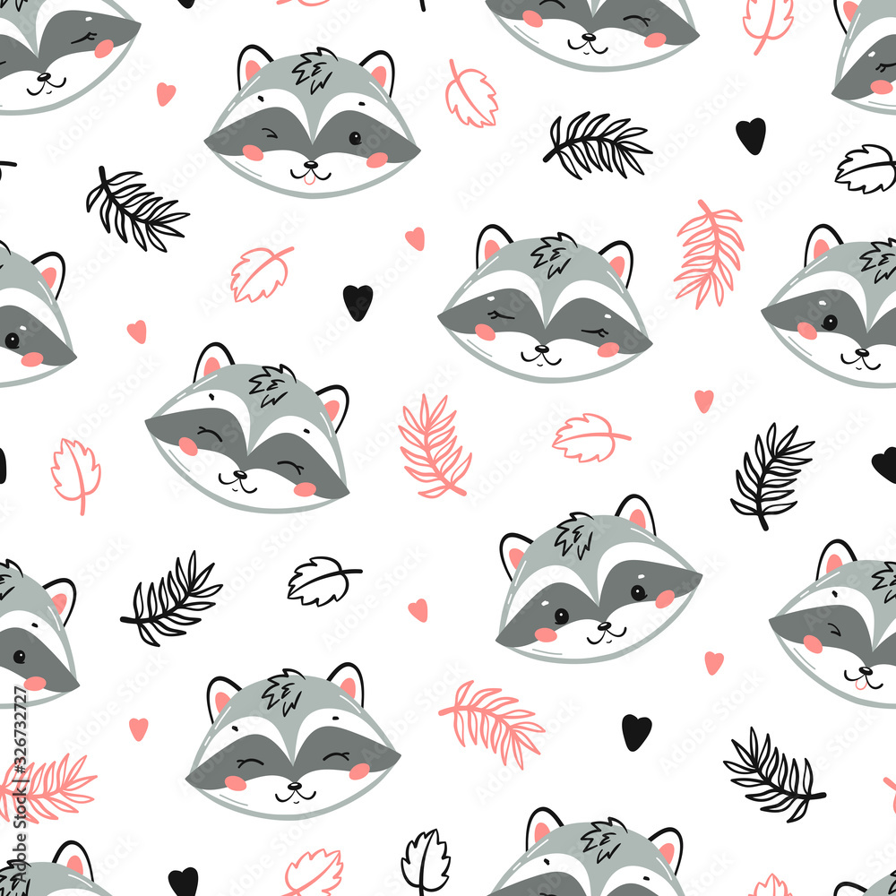 Fototapeta premium Cute Raccoons. Little Raccoon Face and Leaves Floral Seamless Pattern. Kawaii Animal Heads Vector Childish Background for Kids Fashion Design. Print for Nursery Wallpaper, Baby Shower, Birthday