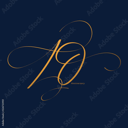 Handwriting celebrating, anniversary of number 10, 10th year anniversary, Luxury duo tone gold brown for invitation card, backdrop, label or stationary © Harnpon