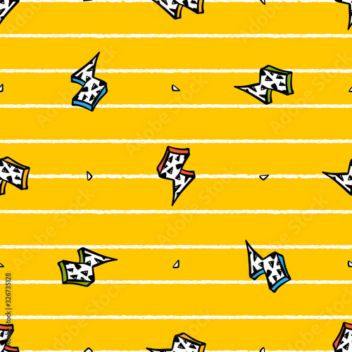 Lightning Bolt Signs with Triangles Vector Seamless Pattern. Striped Yellow Background with Doodle Thunderbolts