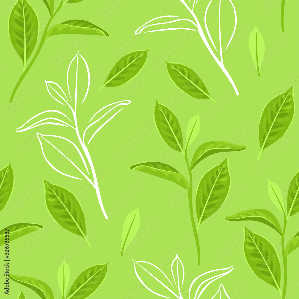 Fototapeta premium Fresh leaves on green background. Botanical seamless pattern. Vector illustration of young twigs in cartoon flat style. Spring floral image.