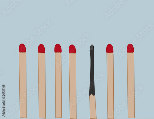 Picture about burnout and fatigue at work, in society, in a team. Vector image: one burned match among unburned matches.