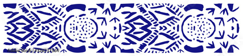 Ethnic ornament tribal folk woodcut lino cut pattern. Monochrome blue hand drawn decorative stripe. Low-fi grungy illustration ornate indigenous style. Naive retro vintage pattern tattoo decor border