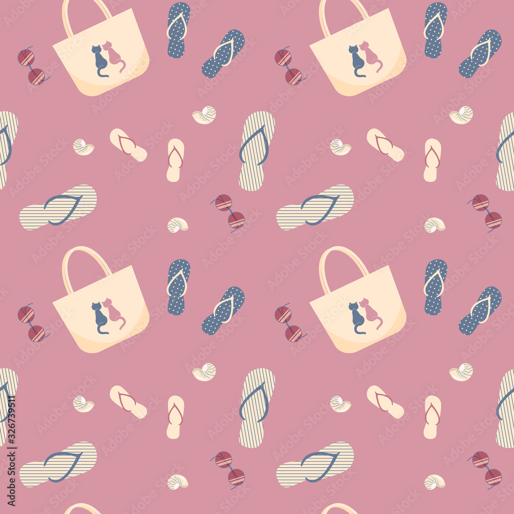 Cute summer beach seamless pattern with flip-flops, beautiful women's bag with pink and blue cats, seashells and sunglasses. Gorgeous backdrop for website, beach bags, fabric.Vector flat illustration Cute summer beach seamless pattern with flip-flops, beautiful women's bag with pink and blue cats, seashells and sunglasses. Gorgeous backdrop for website, beach bags, fabric.Vector flat illustration