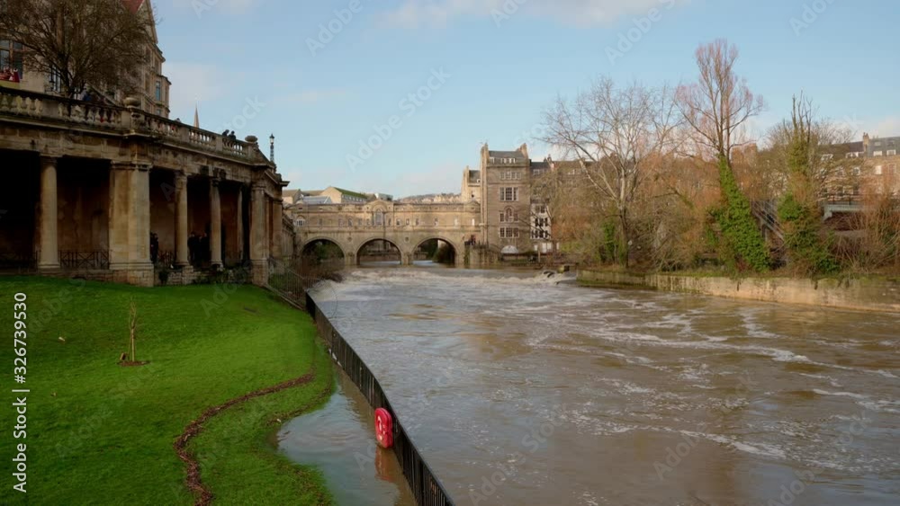 Bath, View of the Pulteney Bridge, England, River over flowing from bad weather Bath, View of the Pulteney Bridge, England, River over flowing from bad weather