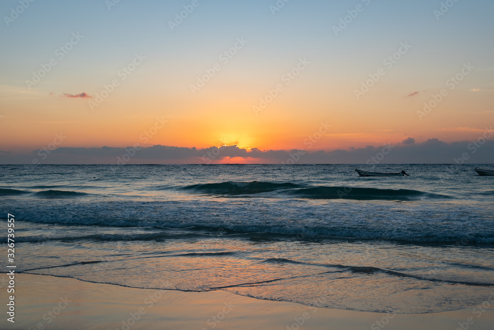 Amazing view of sunrise at Tulum beach in Mexico North America