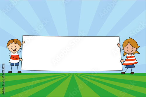 kids holding blank sign       illustration - boy and girl holds empty sign