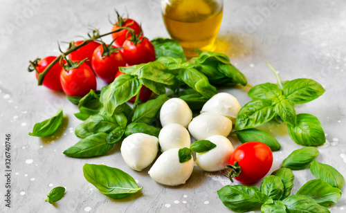 Italian caprese salad. Italy food Ingredients mozzarella buffalo  fresh basil  red tomatoes and olive oil. Italian cuisine  healthy lunch meal.  selective focus  copy space
