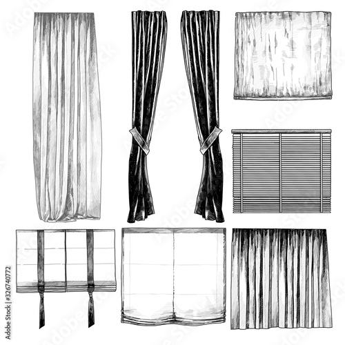 set of curtains and blinds for Windows in the loft style, sketch vector graphics isolated monochrome illustrations