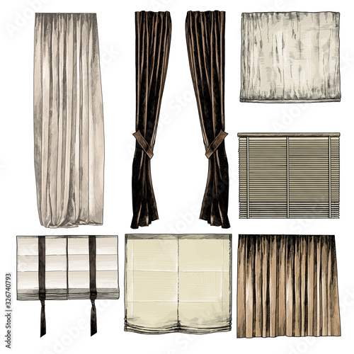 set of curtains and blinds for Windows in loft style, sketch vector graphics isolated color illustrations
