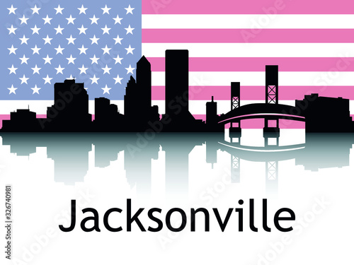 Black Silhouette of Cityscape Panorama Reflection With Background National Flag of Jacksonville, Florida