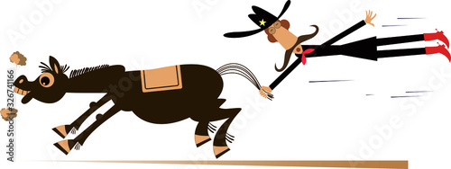 Cartoon rodeo illustration. Man or cowboy catches a running horse by horsetail isolated on white 