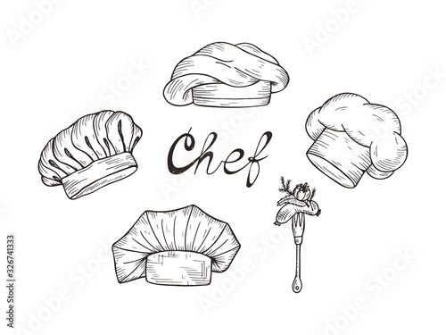 Set of Hand drawn Chef Hats and Caps in different shapes