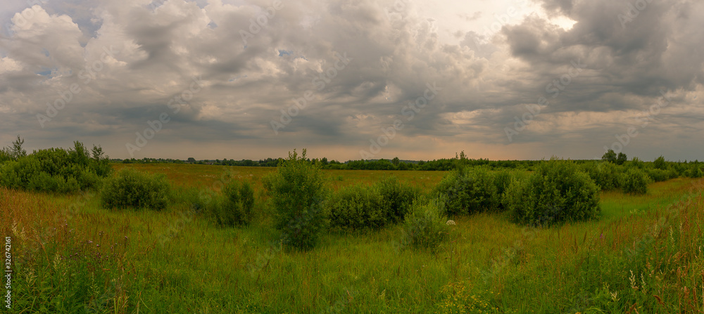 Picturesque clouds float over a wild meadow. The approaching storm. Ivanovo region, Russia.