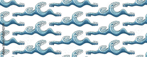 Wave seamless pattern. Sea waves isolated on a white background. Japanese, chinese, asian oriental line style vector seamless pattern in ocean colors. Blue wave water seamless pattern.