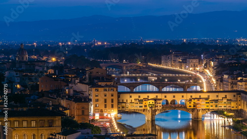 Scenic Skyline View of Arno River day to night timelapse, Ponte Vecchio from Piazzale Michelangelo at Sunset, Florence, Italy.