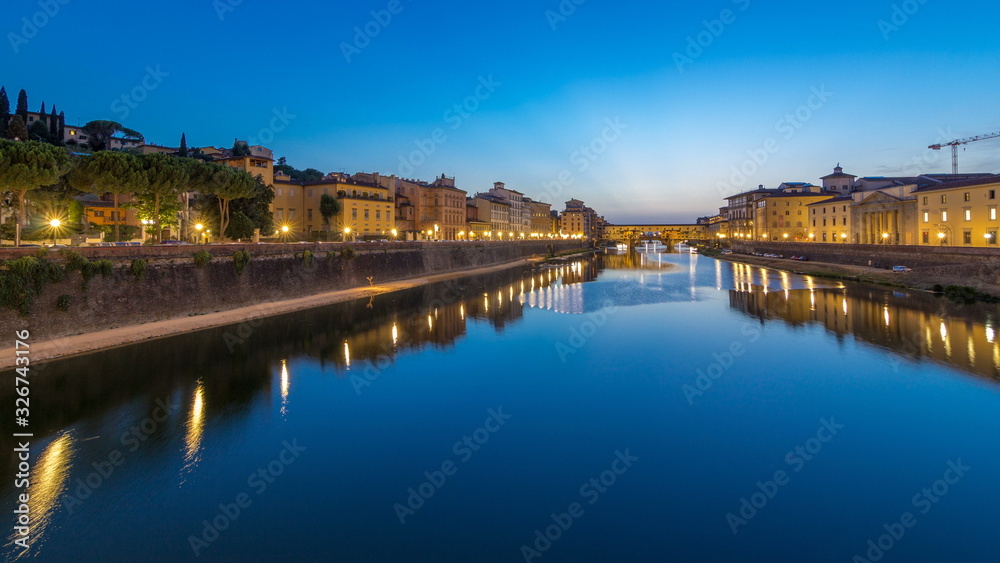 River Arno and famous bridge Ponte Vecchio day to night timelapse after sunset from Ponte alle Grazie in Florence, Tuscany, Italy