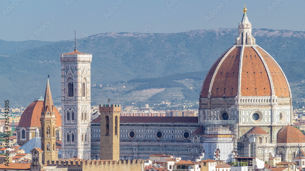 Duomo Santa Maria Del Fiore timelapse and Bargello in the morning from Piazzale Michelangelo in Florence, Tuscany, Italy