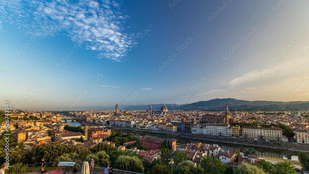 Top view of Florence city timelapse at sunrise with arno river bridges and historical buildings