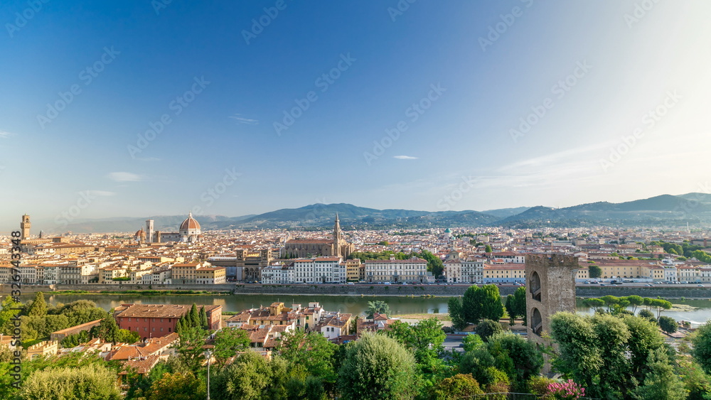 Top view of Florence city timelapse at sunrise with arno river bridges and historical buildings