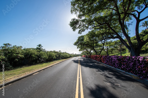 Road in Makaha Valley Oahu Hawaii at sunset photo