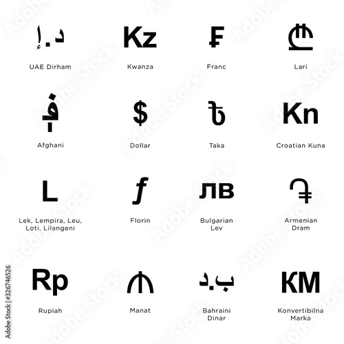 World currency symbol coins set:Dirham, Kwanza, Franc, Lari, Afghani, Dollar, Taka, Croatian kuna, Lek, Leu, Florin, Bulgarian Lev, Armenian Dram, Rupiah, Manat, Bahraini Dinar, Konvertibilna Marka.